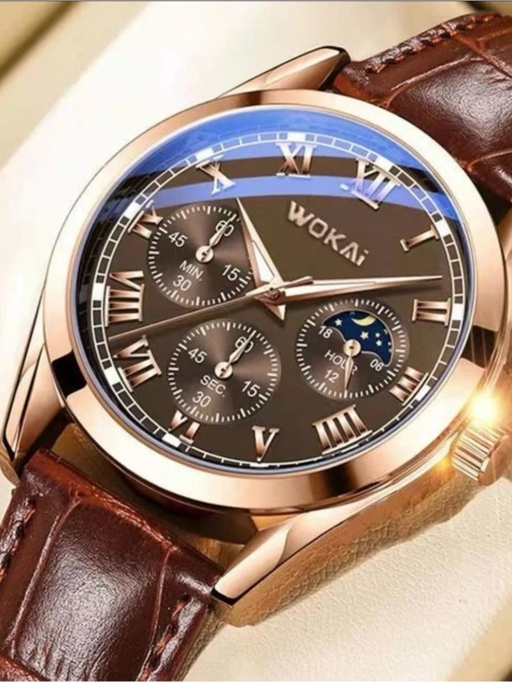 WOKAi Rose Gold Case Brown Dial Leather Strap Chronograph Watch